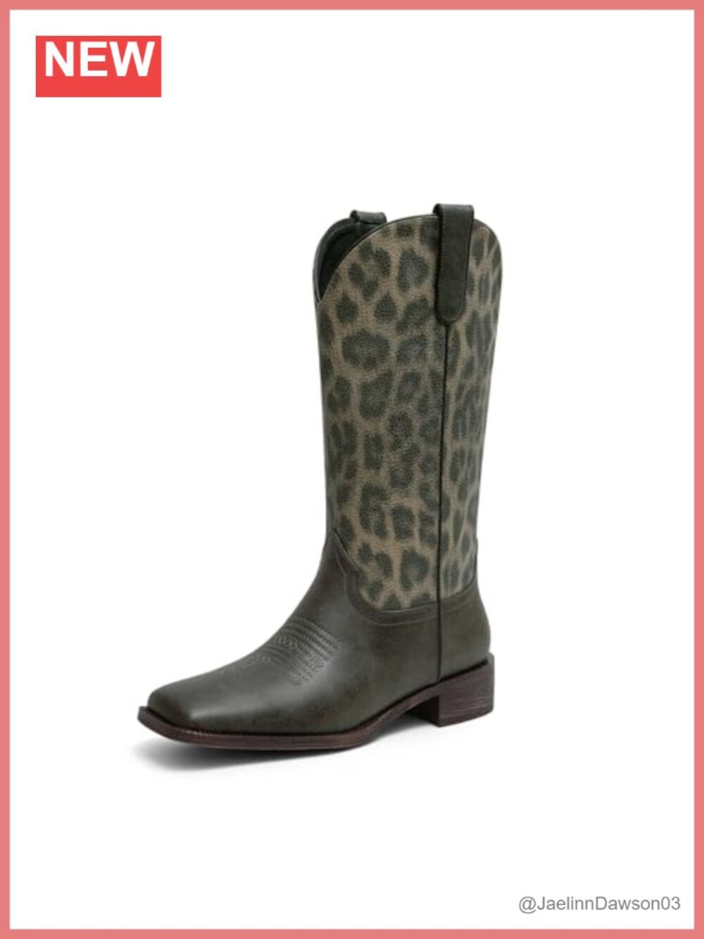 Faux Leather Mid Calf Western Cowgirl Boots Square Toe Leopard Print Pull On